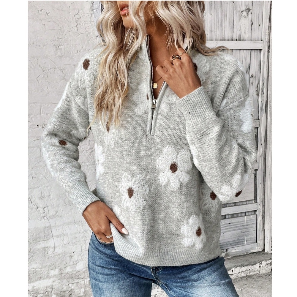 Grey Pullover Sweater Zip Up Knit Flower Textured Button Front